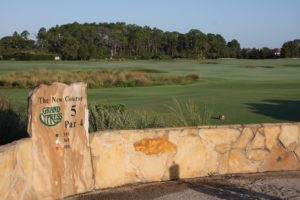 Tee marker, looking out to a 200 yard wide fairway