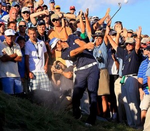 Dustin Johnson Hits Out Of A Bunker On 18 At The PGA Championship
