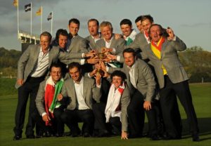 The Europe Ruder Cup team pose for pictures after beating the US by 14 1/2 points to 13 1/2 points on the final day of the 2010 Ryder Cup golf competition at Celtic Manor golf course in Newport, Wales on October 4, 2010.